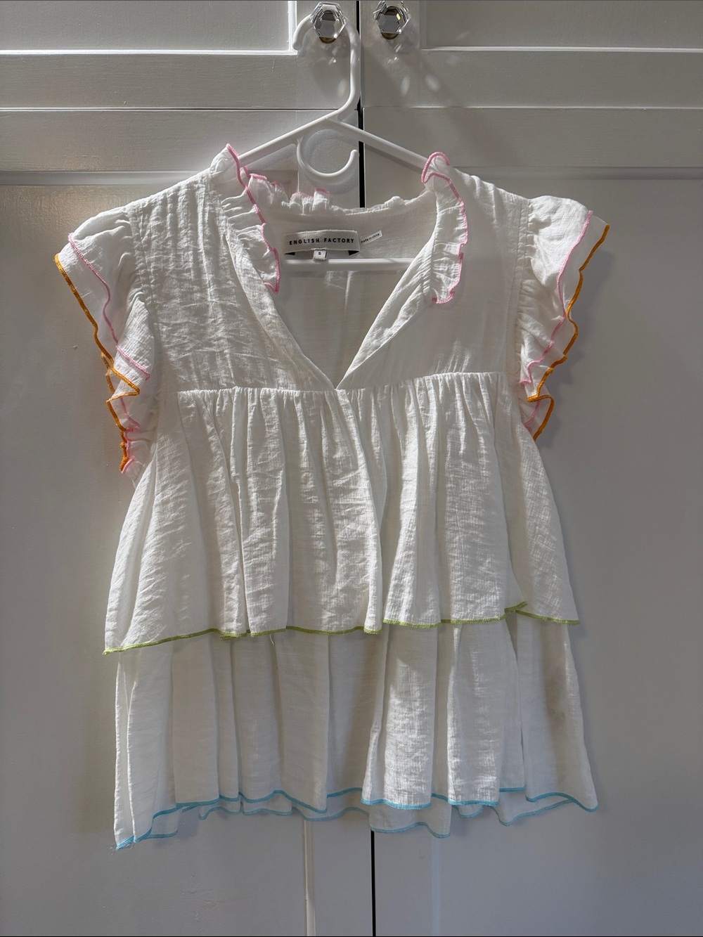 English Factory White Tiered Ruffle Cotton Tunic with Multicolor Trim